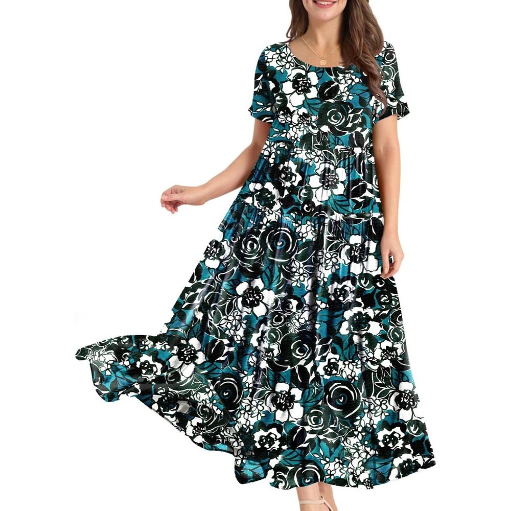 Women Casual Loose Bohemian Floral Dress with Pockets Short Sleeve Long Maxi